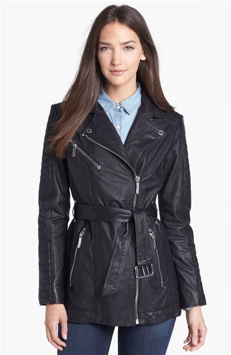 michael michael kors belted leather moto jacket|Michael Kors asymmetrical leather jacket.